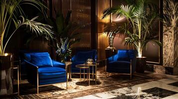 Opulent Tropical Lounge with Plush Velvet Furnishings and Ambient Lighting photo