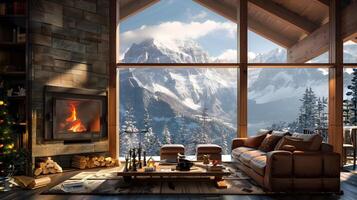 Cozy Mountain Cabin Overlooking Snowy Peaks and Scenic Alpine Landscape in Winter description This breathtaking image showcases a cozy mountain cabin photo