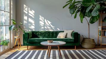 acogedor y elegante vivo habitación con verde sofá y a rayas alfombra en iluminado por el sol espacio foto