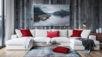 Cozy Living Room with Breathtaking Mountain and Lake View Through Window photo