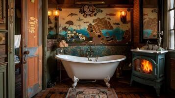 Cozy Rustic Bathroom with Clawfoot Tub and Fireplace in Cabin-Style Interior photo