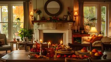Cozy Autumn Harvest Scene in Elegant Traditional Home Interior with Fireplace and Seasonal Decor photo