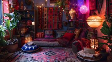 Cozy and Vibrant Bohemian-Inspired Interior with Eclectic Furnishings and Decor Evokes a Sense of Warmth and Comfort photo