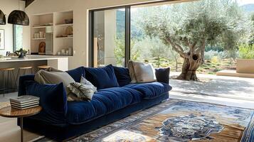 Cozy and Serene Living Room with Expansive Views of Olive Grove Landscape photo