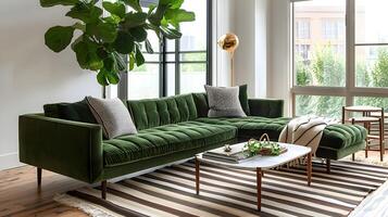 acogedor y moderno verde terciopelo sofá en aireado y brillante vivo habitación con lozano follaje planta y a rayas alfombra foto