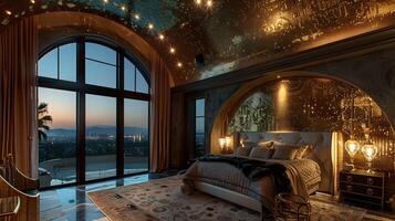 Opulent Bedroom Retreat with Panoramic City Skyline View at Dusk photo