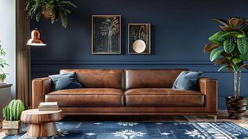 acogedor y sofisticado moderno vivo habitación con lujoso cuero sofá, vegetación y elegante pared decoración foto