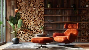Cozy and Rustic Wooden Armchair and Shelves Providing a Warm and Inviting Atmosphere in a Stylish Living Room photo