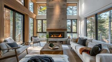 Cozy and Inviting Modern Rustic Living Room with Fireplace and Scenic Forest Views photo