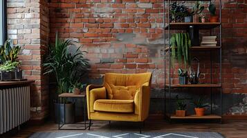 acogedor y elegante de inspiración industrial vivo habitación con vibrante amarillo terciopelo Sillón y rústico de madera estantería foto