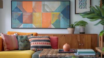 acogedor y vibrante contemporáneo vivo habitación con enmarcado resumen Arte foto