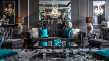 Luxury Living Room with Plush Seating and Opulent Crystal Chandelier Lighting for an Elegant Sophisticated Ambiance photo