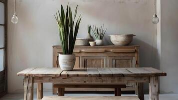 Cozy and Rustic Wooden Furniture Decor with Greenery and Lighting Accents Creating a Warm and Inviting Ambiance in a Peaceful Interior Space photo