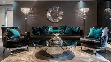 Lavish Velvet-Upholstered Sofa Set in a Luxuriously Decorated Living Room photo