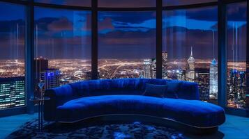 Magnificent Nighttime Cityscape Framed by Lavish Curved Sofa in Luxury Penthouse photo