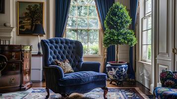 Luxurious Tufted Armchair in Opulent Manor's Grandly Decorated Drawing Room photo