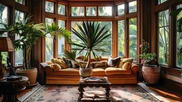 lujoso tropical solárium con lozano follaje y acogedor mobiliario foto