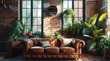 Lush Indoor Oasis - A Cozy and Inviting Leather Sofa Nestled Amidst Verdant Greenery in an Elegant Brick-Walled Interior photo