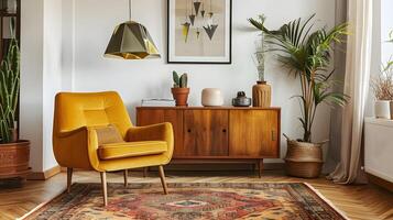 Cozy and Inviting Retro-Inspired Living Room with Wooden Accents and Colorful Decor Elements photo