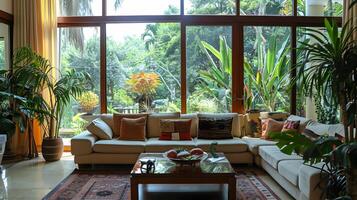 Cozy and Inviting Tropical-Inspired Home Living Room with Lush Greenery and Natural Lighting photo