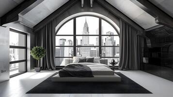 lujoso ático dormitorio con asombroso ciudad horizonte ver foto