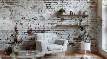 Cozy and Inviting Brick-Walled Living Room with Rustic Furnishings and Serene Ambiance photo