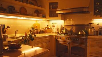 Cozy and Inviting Home Kitchen with Rustic Copper Accents and Warm Lighting photo