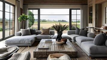 Elegant Farmhouse Living Room with Scenic Countryside Vistas photo