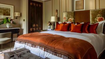 Lavish Bedroom Sanctuary with Vibrant Textured Decor and Luxurious Furnishings photo