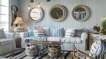 Cozy and Inviting Coastal-Inspired Living Room with Striped Cushions and Rustic Wooden Accents photo