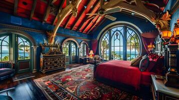 encantador de inspiración medieval dormitorio exhibiendo Exquisito arquitectónico grandeza foto