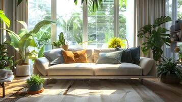 Cozy and Inviting Living Room with Lush Greenery and Natural Sunlight Streaming Through Large Windows,Creating a Serene and Rejuvenating Atmosphere photo