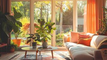 Cozy and Inviting Home Interior with Serene Nature View through Large Windows photo