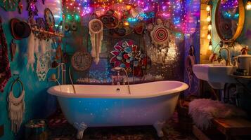 acogedor y encantador de inspiración bohemia baño oasis con caprichoso decoración, centelleo luces y un garra tina para lujoso rejuvenecimiento foto