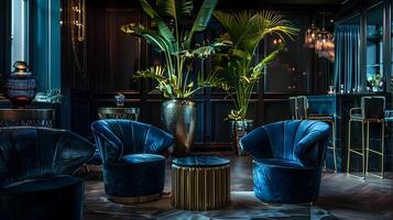 Luxurious Velvet Armchairs in Tropical-Inspired Lounge Ambiance photo