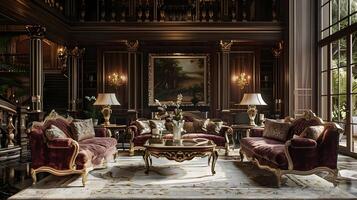 Lavish Baroque-Inspired Mansion Interior with Ornate Furnishings and Classic Aesthetics photo