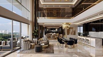 Expansive Luxurious Lobby with Elegant Furnishings and Captivating City View photo