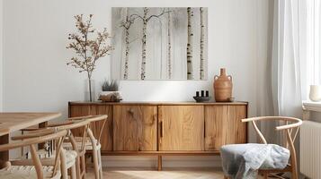 Cozy and Elegant Dining Room with Rustic Wooden Furniture and Scandinavian-Inspired Decor photo