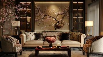 Elegant Oriental-Inspired Living Room with Floral Artwork and Warm Lighting photo
