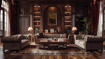 Exquisito refinado salón en majestuoso mansión con florido mobiliario y decoración foto