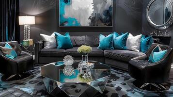 Luxurious and Moody Contemporary Living Room with Teal and Gray Accents and Geometric Patterns photo