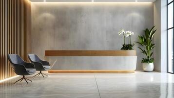 Bright and Minimalist Corporate Reception Area with Comfortable Furniture and Elegant Decor photo