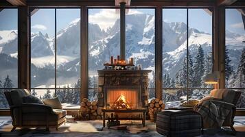 Cozy Mountain Retreat Amid Majestic Snow-Capped Peaks,Offering a Picturesque Winter Escape in a Rustic Cabin with Fireplace and Stunning Panoramic photo