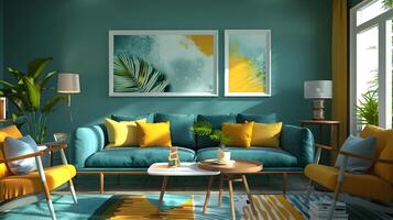Tranquil and Vibrant Living Room with Tropical Accents and Soothing Abstract Art Decor photo