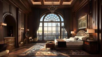 prodigar opulento dormitorio en grandioso arquitectónico interior foto