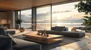 Luxurious Beachfront Living Room with Panoramic Ocean Sunset Vistas photo