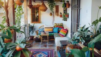 vibrante y acogedor de inspiración bohemia al aire libre patio santuario rebosante con artesano mobiliario y lozano verdor foto