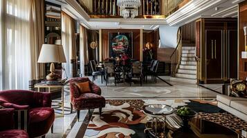 Exquisitely Designed Lavish Mansion Entrance and Living Room with Ornate Furnishings and Artworks photo