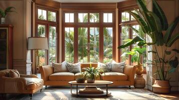 lujoso de inspiración tropical vivo habitación con abundante natural ligero y lozano verdor foto