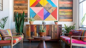 Cozy and Vibrant Living Room with Rustic and Modern Design Elements photo